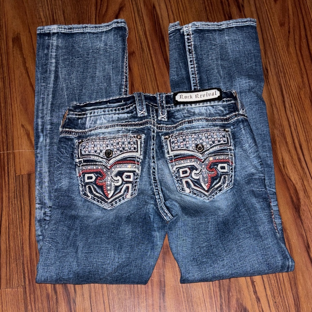 Rock Revival Women’s Dark Blue Boot Cut Jeans with Embellished Back Pockets